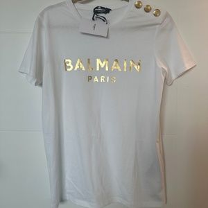 BALMAIN White Logo Button Embellished T-Shirt